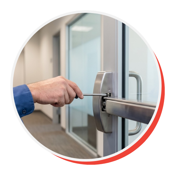 a professional locksmith's hands using a tool to precisely install a heavy-duty stainless steel panic bar on a commercial door in a modern storefront hallway