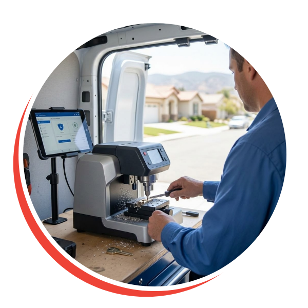 a mobile locksmith service van, showing a close-up of a compact key cutting machine operating as a new key is duplicated on a bright, sunny afternoon